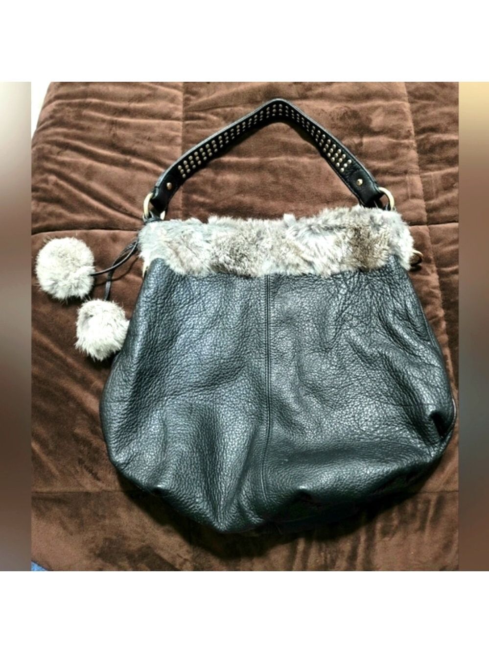 Diane Gail Women's Rabbit Fur Leather Trim Shoulder Bag Tote with Pompoms